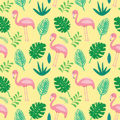Cute Flamingo and Tropical plants Seamless pattern. Hand Drawn Animal and palm leaves Background. Vector Illustration