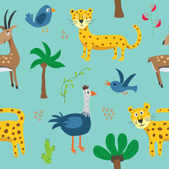 Naklejka premium Cute Animals Seamless pattern. Cartoon Animals and Tropical plants doodles. Cartoon Vector illustration