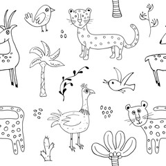 Obraz premium Cute Animals Seamless pattern. Cartoon Animals and Tropical plants doodles. Cartoon Vector illustration
