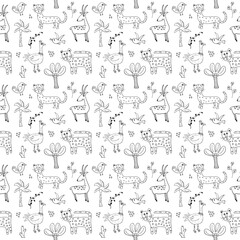 Fototapeta na wymiar Cute Animals Seamless pattern. Cartoon Animals and Tropical plants doodles. Cartoon Vector illustration