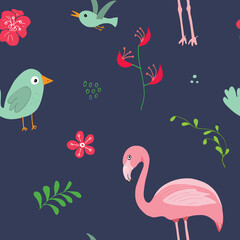 Cute Flamingo and Tropical plants Seamless pattern. Hand Drawn Animal and exotic flowers Background. Vector Illustration
