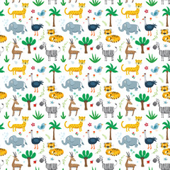 Cute Animals Seamless pattern. Cartoon Animals and plants doodles. Cartoon Vector illustration