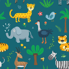 Cute Animals Seamless pattern. Cartoon Animals and plants doodles. Cartoon Vector illustration