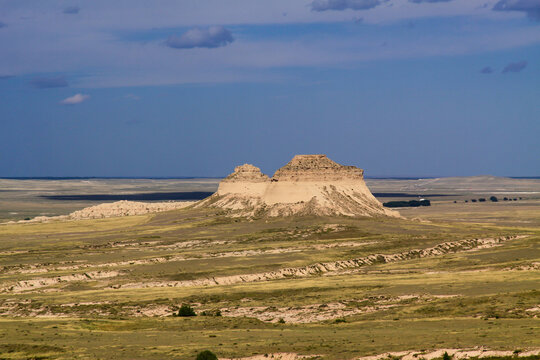Elevated view of the Pawnee Buttes in Pawnee National Grasslands, northeastern plains of Colorado in the evening just after sunset