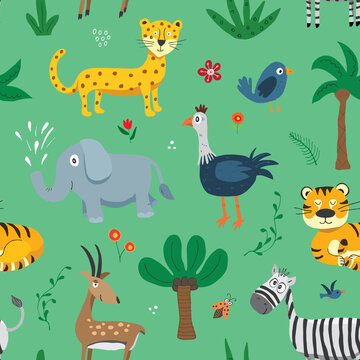 Cute Animals Seamless pattern. Cartoon Animals and plants doodles. Cartoon Vector illustration © saint_antonio