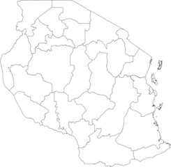White blank vector map of the United Republic of Tanzania with black borders of its regions