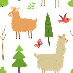 Cute Lama Seamless pattern. Cartoon Animals in forest background. Vector illustration
