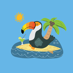 Cute Toucan on surfboard Cartoon Animal baby and children print design Vector Illustration