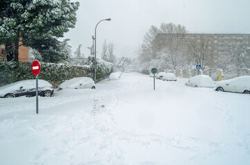 Streets of Madrid, Spain blanketed with the heavy snowfall during Storm “Filomena”