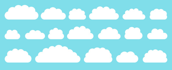 White flat vector cloud set. Clouds cartoon symbols on blue background with shadow for web site design, logo, app. Bubble icon collection for infographic design. Label and stickers