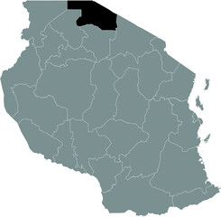 Black highlighted location map of the Tanzanian Mara region inside gray map of the United Republic of Tanzania