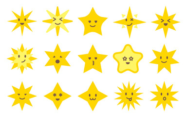 Colorful cartoon emotions stars vector flat with kind and cute faces.Decorating a childrens room, dishes, bed linen. Bright star stickers. Label. Yellow and orange figure with corners