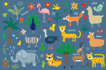 Animal Doodles Set. Cute Animals sketch. Hand drawn Cartoon Vector illustration