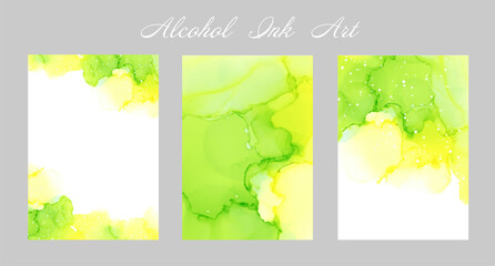 黄緑のアルコールインクアートのカードセット
