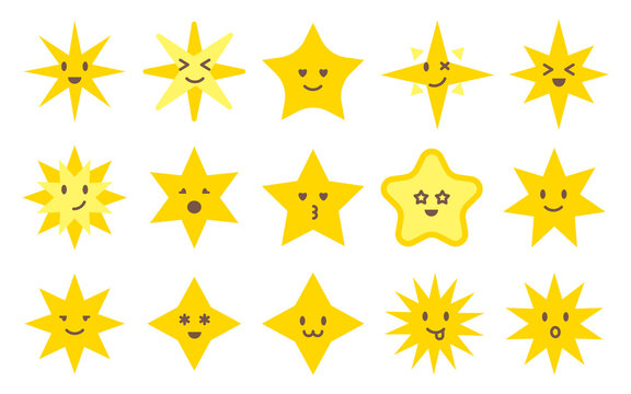 Colorful cartoon emotions stars vector flat with kind and cute faces.Decorating a childrens room, dishes, bed linen. Bright star stickers. Label. Yellow and orange figure with corners