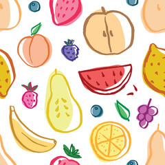 Fruit seamless pattern, collection of juicy fruits, apple, pear, strawberry, orange slice, peach, plum, banana, watermelon, papaya, grapes, lemon and berries background, vector illustration