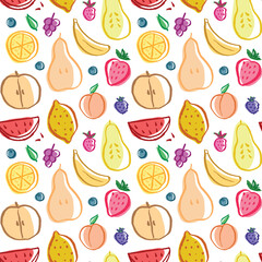 Fruit seamless pattern, collection of juicy fruits, apple, pear, strawberry, orange slice, peach, plum, banana, watermelon, papaya, grapes, lemon and berries background, vector illustration