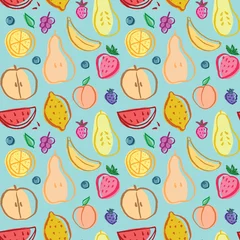Gordijnen Fruit seamless pattern, collection of juicy fruits, apple, pear, strawberry, orange slice, peach, plum, banana, watermelon, papaya, grapes, lemon and berries background, vector illustration © saint_antonio