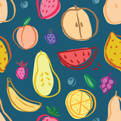Fruit seamless pattern, collection of juicy fruits, apple, pear, strawberry, orange slice, peach, plum, banana, watermelon, papaya, grapes, lemon and berries background, vector illustration