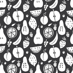 Fruit seamless pattern, collection of juicy fruits, apple, pear, strawberry, orange slice, peach, plum, banana, watermelon, papaya, grapes, lemon and berries background, vector illustration