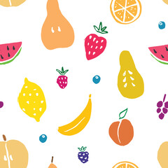 Fruit seamless pattern, collection of juicy fruits, apple, pear, strawberry, orange slice, peach, plum, banana, watermelon, papaya, grapes, lemon and berries background, vector illustration