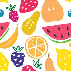 Fruit seamless pattern, collection of juicy fruits, apple, pear, strawberry, orange slice, peach, plum, banana, watermelon, papaya, grapes, lemon and berries background, vector illustration