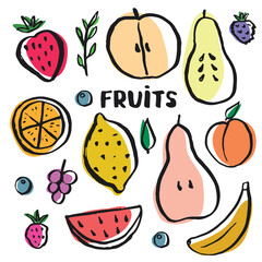 Fruit Set, collection of juicy fruits, apple, pear, strawberry, orange slice, peach, plum, banana, watermelon, papaya, grapes, lemon and berries. Vector illustration