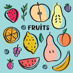 Fruit Set, collection of juicy fruits, apple, pear, strawberry, orange slice, peach, plum, banana, watermelon, papaya, grapes, lemon and berries. Vector illustration