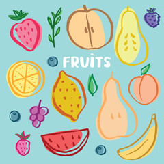 Fruit Set, collection of juicy fruits, apple, pear, strawberry, orange slice, peach, plum, banana, watermelon, papaya, grapes, lemon and berries. Vector illustration