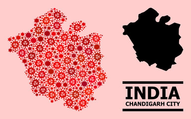 Vector covid-2019 mosaic map of Chandigarh City combined for hospital projects. Red mosaic map of Chandigarh City is formed of biohazard covid-2019 infection icons.