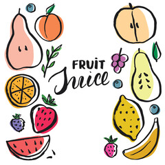 Fruit Set, collection of juicy fruits, apple, pear, strawberry, orange slice, peach, plum, banana, watermelon, papaya, grapes, lemon and berries. Vector illustration