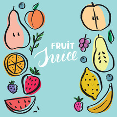 Fruit Set, collection of juicy fruits, apple, pear, strawberry, orange slice, peach, plum, banana, watermelon, papaya, grapes, lemon and berries. Vector illustration