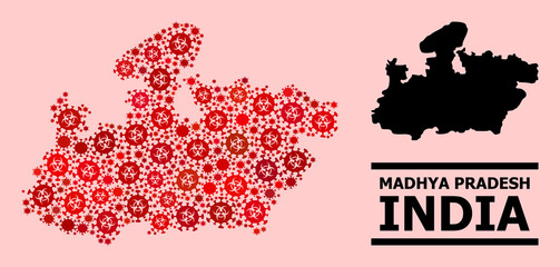 Vector covid mosaic map of Madhya Pradesh State created for pharmacy illustrations. Red mosaic map of Madhya Pradesh State is done of biohazard covid-2019 viral elements.