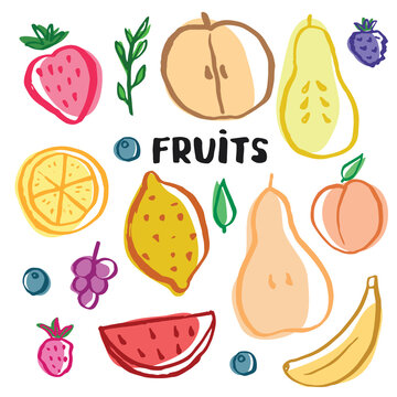 Fruit Set, collection of juicy fruits, apple, pear, strawberry, orange slice, peach, plum, banana, watermelon, papaya, grapes, lemon and berries. Vector illustration