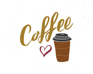 Love Coffee lettering handwritten sign, Hand drawn grunge calligraphic text. Vector illustration