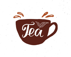 Tea lettering handwritten sign, Hand drawn grunge calligraphic text. Vector illustration