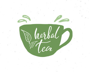 Herbal Tea lettering handwritten sign, Hand drawn grunge calligraphic text. Vector illustration