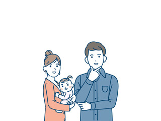 上を見上げる　若い夫婦　親子　3人家族　育児　イラスト素材