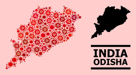 Vector coronavirus mosaic map of Odisha State done for pharmacy purposes. Red mosaic map of Odisha State is constructed of biohazard coronavirus viral parts.