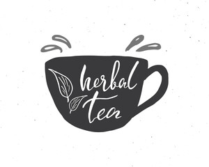 Herbal Tea lettering handwritten sign, Hand drawn grunge calligraphic text. Vector illustration