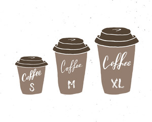 Coffee menu, mugs size chart with lettering handwritten signs, Hand drawn grunge calligraphic text. Vector illustration