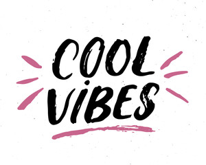 Cool Vibes lettering handwritten sign, Hand drawn grunge calligraphic text. Vector illustration