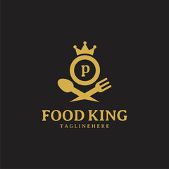 Naklejka premium Initial letter P King food Logo Design Template. Illustration vector graphic. Design concept fork,spoon and crown With letter symbol. Perfect for cafe, restaurant, cooking business