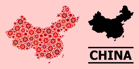 Vector covid collage map of China designed for hospital projects. Red mosaic map of China is designed from biological hazard covid-2019 viral items.