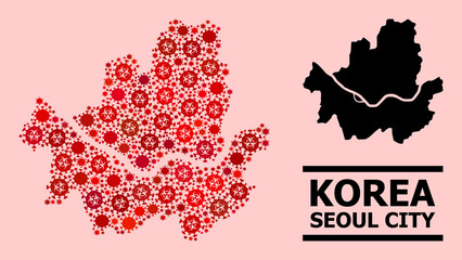 Fototapeta premium Vector covid-2019 collage map of Seoul Municipality combined for health care advertisement. Red mosaic map of Seoul Municipality is made of biohazard covid-2019 pathogen cells.