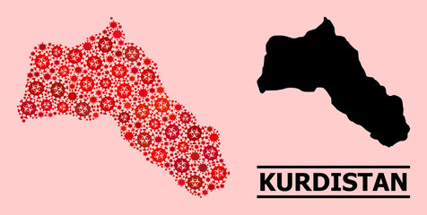 Vector coronavirus mosaic map of Kurdistan done for clinic applications. Red mosaic map of Kurdistan is organized from biological hazard coronavirus viral items.