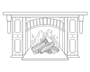 Fireplace with burning wood - vector linear illustration for coloring. Burning hearth. Outline. A fired fireplace, a mantelpiece, decorative masonry - for a coloring book
