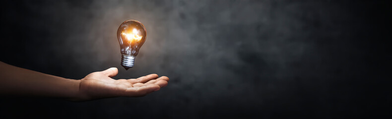 person with a bright light bulb floating above his hand - copy space
