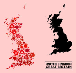 Obraz premium Vector covid-2019 mosaic map of Great Britain organized for hospital projects. Red mosaic map of Great Britain is designed from biological hazard covid-2019 pathogen items.