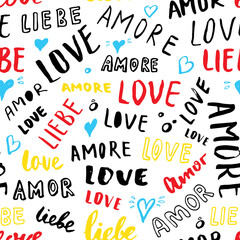 Love lettering seamless pattern vector illustration. Love written in different languages romantic words background